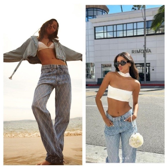 Zara Denim - ZARA TRF MID RISE RHINESTONE JEANS - Sparkly Light Wash Denim